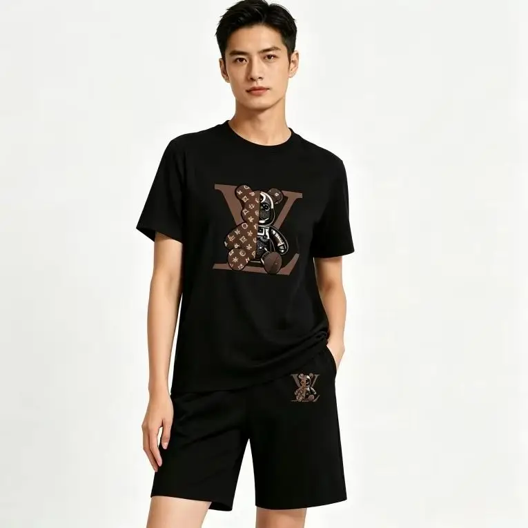 

Men Loose Summer Outfit Round Neck Short Sleeve T-shirt Drawstring Elastic Waist Sports Shorts Home Streetwear