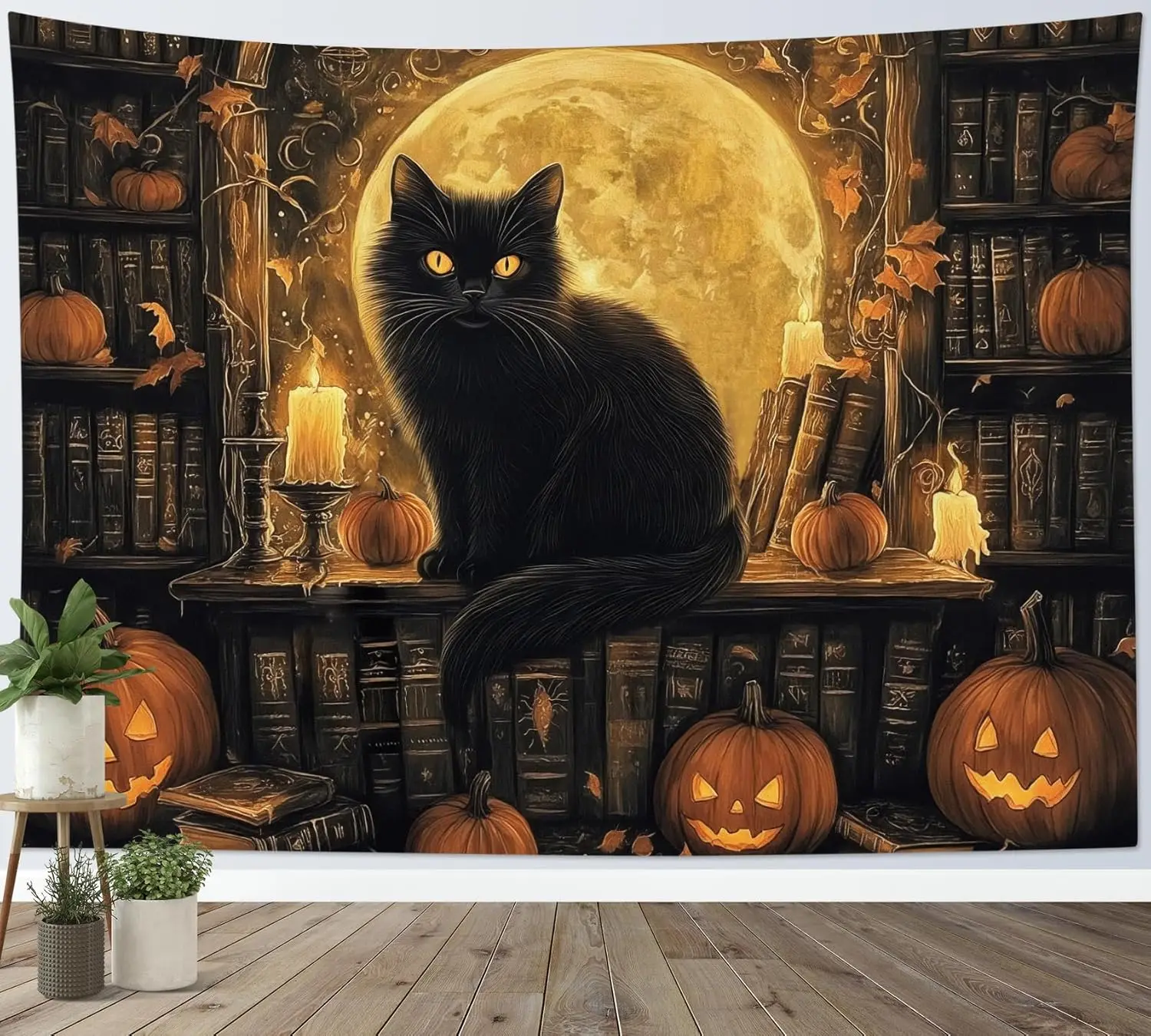 هالوين القط الأسود نسيج السحرية خمر رف الكتب اليقطين البدر نسيج لغرفة النوم مخيف القوطية جدار ديكور فني ل #2