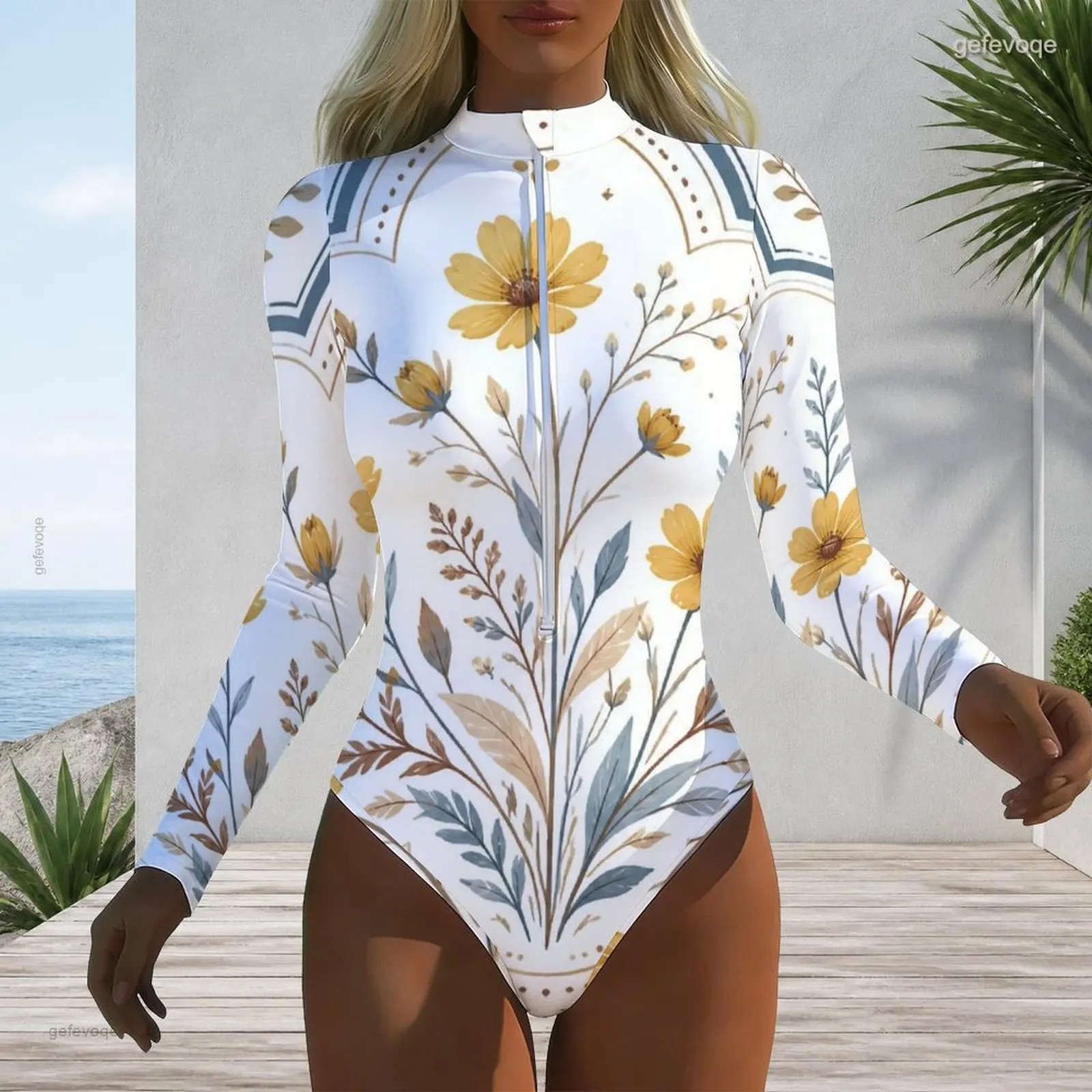 Women Printed Swimsuit High Neck Front Zip Long Sleeve One Piece