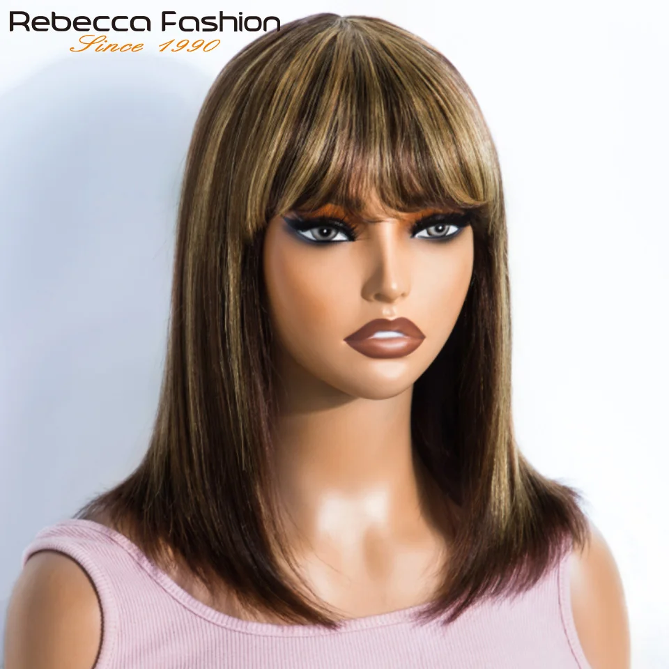 180D Short Cut P4/27 Highlight Straight Human Hair Wigs With Bangs Blonde Bob Bangs Wigs Brazilian Straight Full Machine Wigs