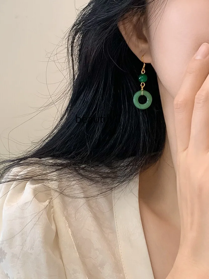 

Cold Feeling French Style Retro National Style Sweet Fresh Emerald Green Ear Hook Peace Buckle Chinese Style Earrings