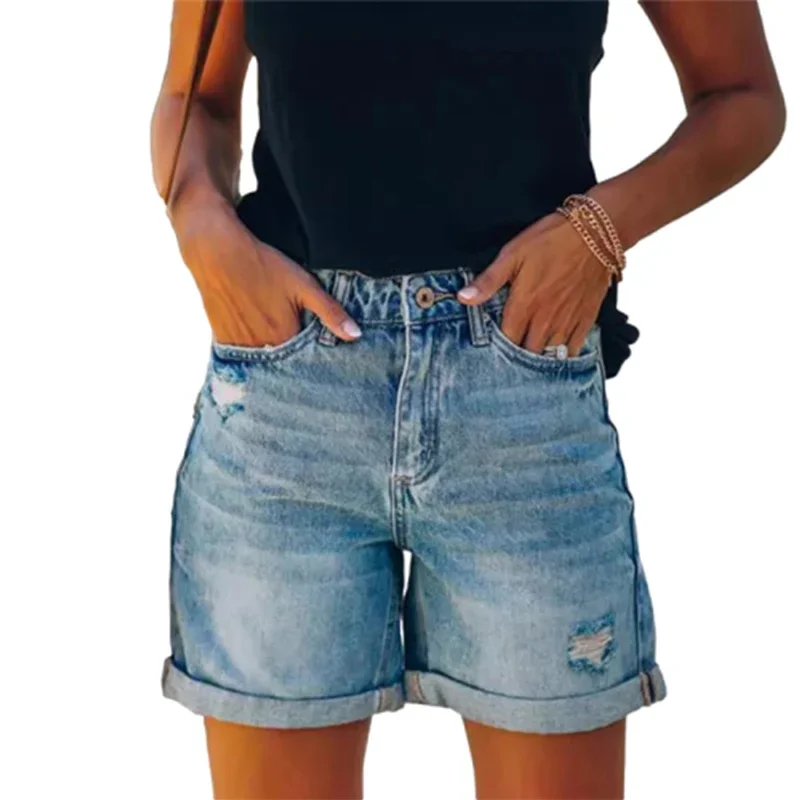 

Women 2024 Fashion Broken Holes Denim Shorts Summer Fold Over Trouser Legs Three Quarter Pants Female Casual Mini Straight Jeans