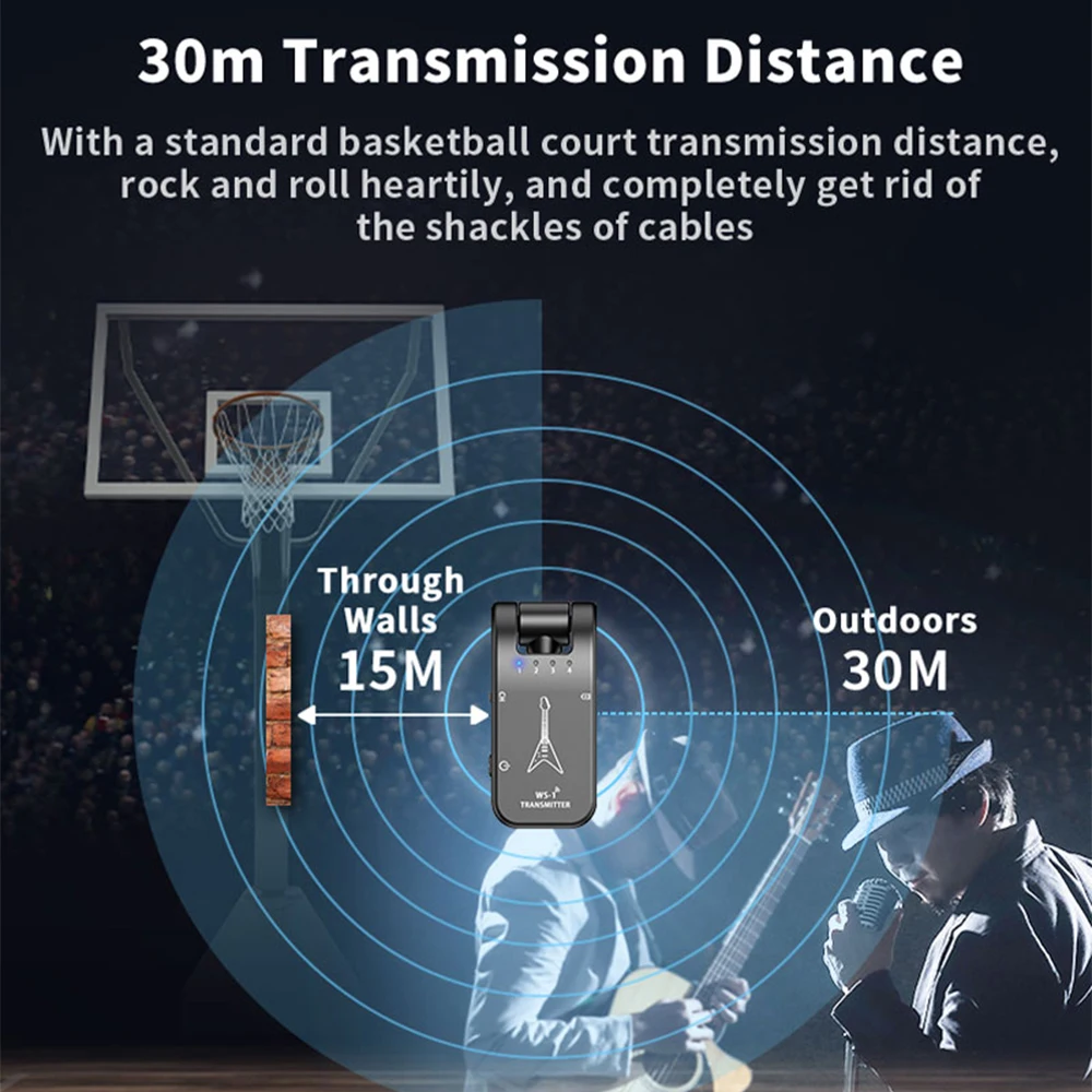 WS-1 2.4GHz Wireless Guitar System Rechargeable Audio Transmitter and Receiver 4 Channels 30m Transmission 282º Rotatable Head 5