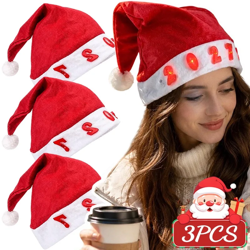 1/3Pcs Light Up Christmas Hat 2027 LED New Year Party Hat Red Breathable Non Woven Fabric for Adults Teens Universal Fit Festive