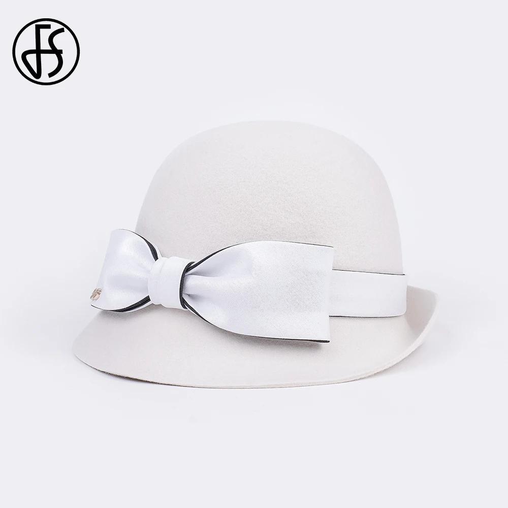 FS 2024 Curl Brim Basin Cap Ladies Winter Elegant Retro Little Top Hats For Women Shopping Trips Fedoras White Millinery