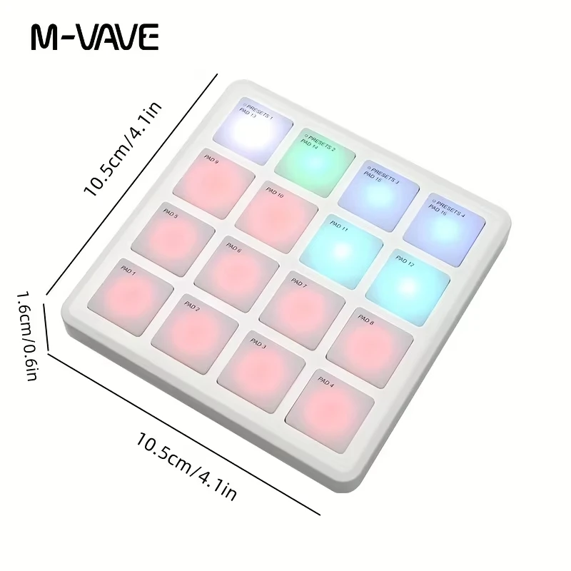 M-VAVE SMC-PAD Pocket White Wireless Portable MIDI Controller 16 Beat Pads USB-C for Studio Live Performance