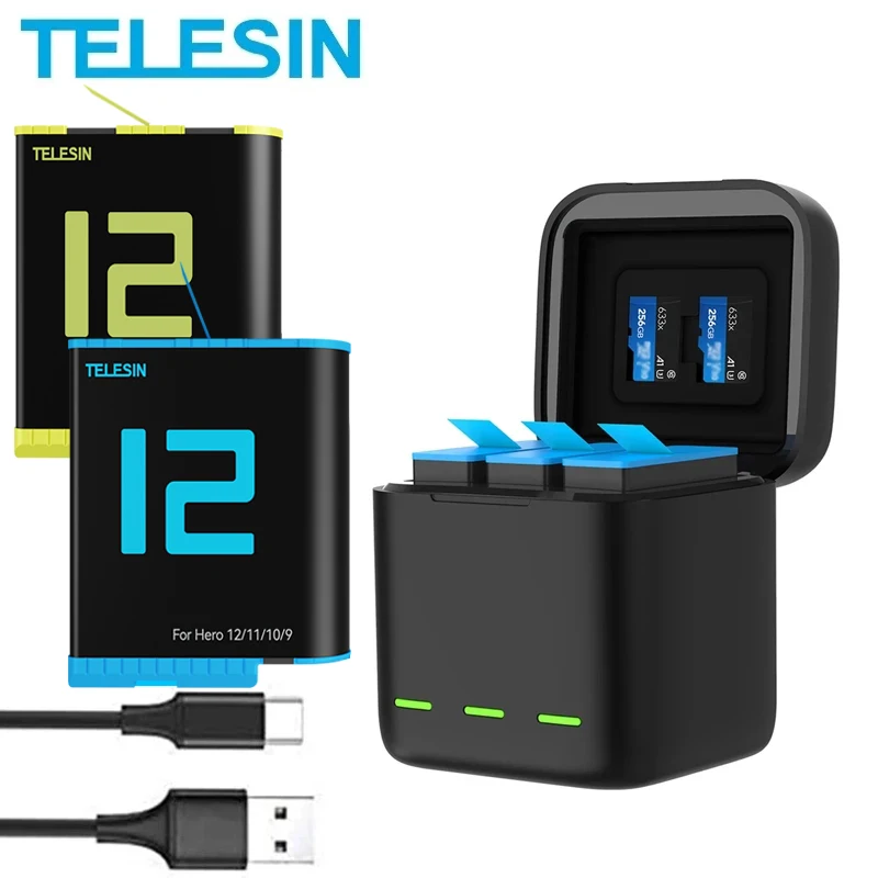 TELESIN Multifuction 3-way Battery Charger Storage Charging Box With Bateries For GoPro Hero 12 11 10 9 Action Camera Accessory