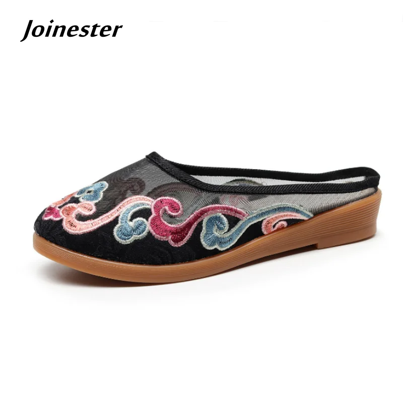 

Round Toe Embroidered Mesh Slipper for Ladies Breathable Summer Slides Women Retro Style Outdoor Casual Mules