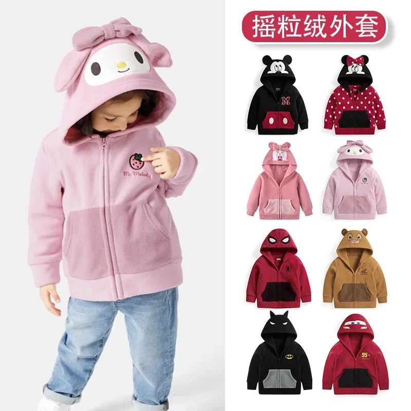 

New Sanrio Children Fleece Jacket Hooded Top Boys Girls Autumn Winter Warm Zipper Jacket Spiderman Mickey Cartoon Kids Clothing