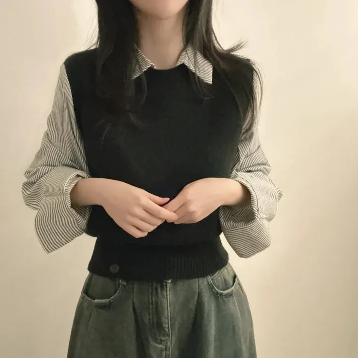 قميص نسائي محبوك بتصميم خريفي أنيق، بأكمام طويلة وتصميم مخطط، قطعة علوية قصيرة متعددة الاستخدامات على الطراز الكوري، تصميم كا...