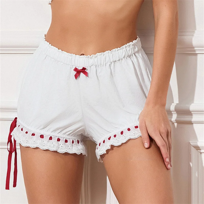 

Cute Lace Trim Ruffle Lolita Bloomers Women Y2k Kawaii Shorts High Waist Pajama Shorts Sexy Bow Micro Panties Sleepwear