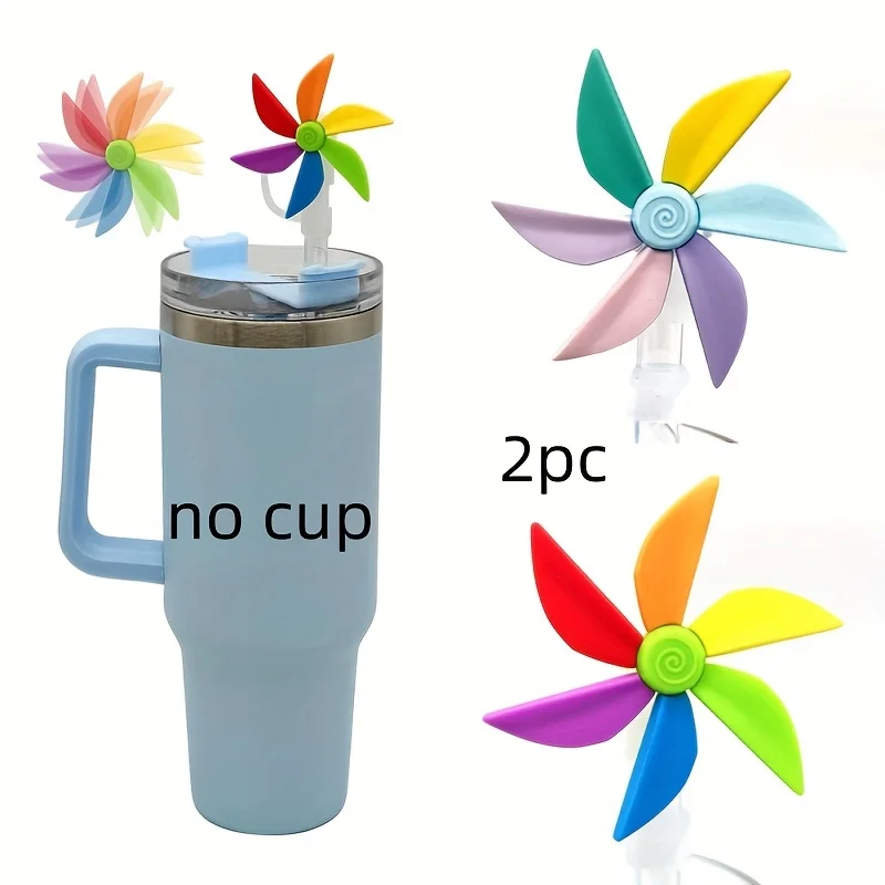 2pcs Silicone Straw Caps] 2pcs Colorful Rotating Windmill Silicone Straw Caps | 10mm Fit | DIY Cup Accessory for All Seasons
