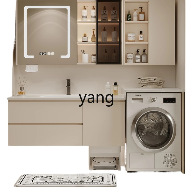 

Yjq Bathroom Washing Machine Bathroom Cabinet Combination Washstand Ceramic Integrated Washbasin Cabinet Stone Plate Cream Style