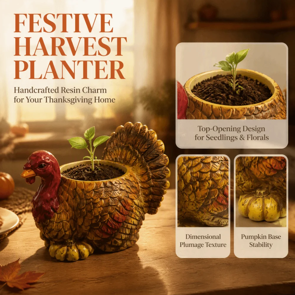 Fall Harvest Resin Turkey Planter Pot Raised Plumage Texture Top-Opening Turkey Figurine Candy Bowl Hand-Painted Fade-Resistant