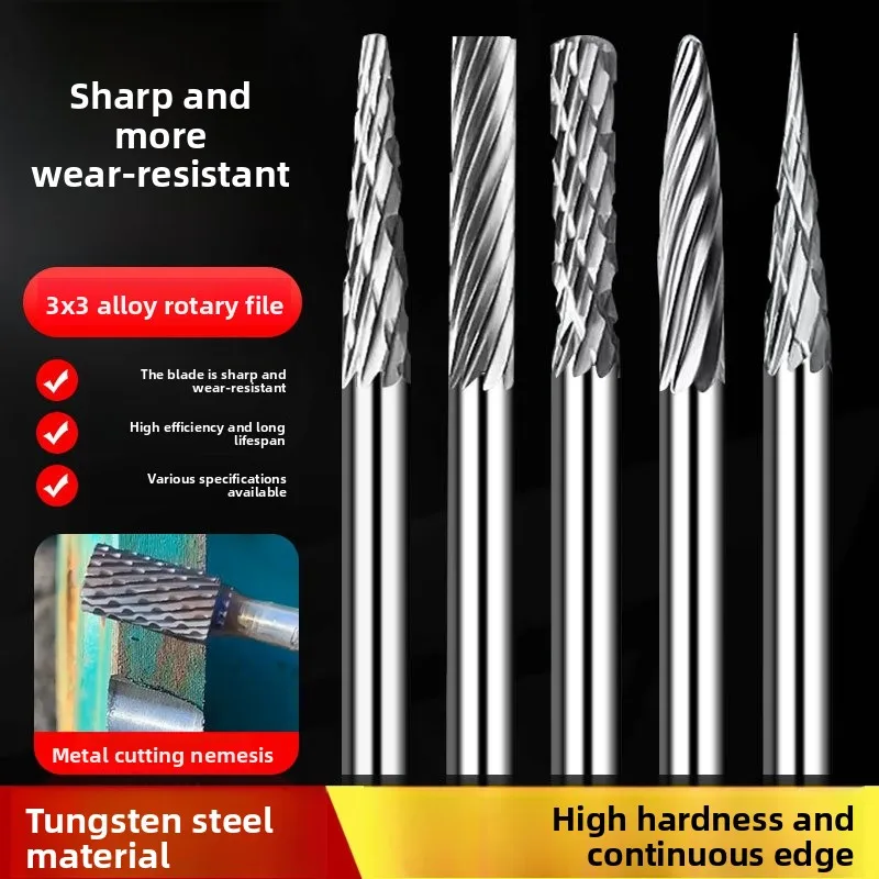 Rotary File 3mm Tungsten Steel Milling Cutter Electric Grinding Head Threaded Carbide Grinding Head Electric Small Rubbing Knife