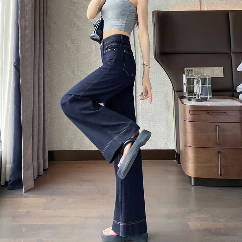 Fashionable and Casual Deep Blue Denim Pants Women\'s Slim Fit New Fashion Trend Loose Fit Slimming Wide Leg Straight Leg Pants