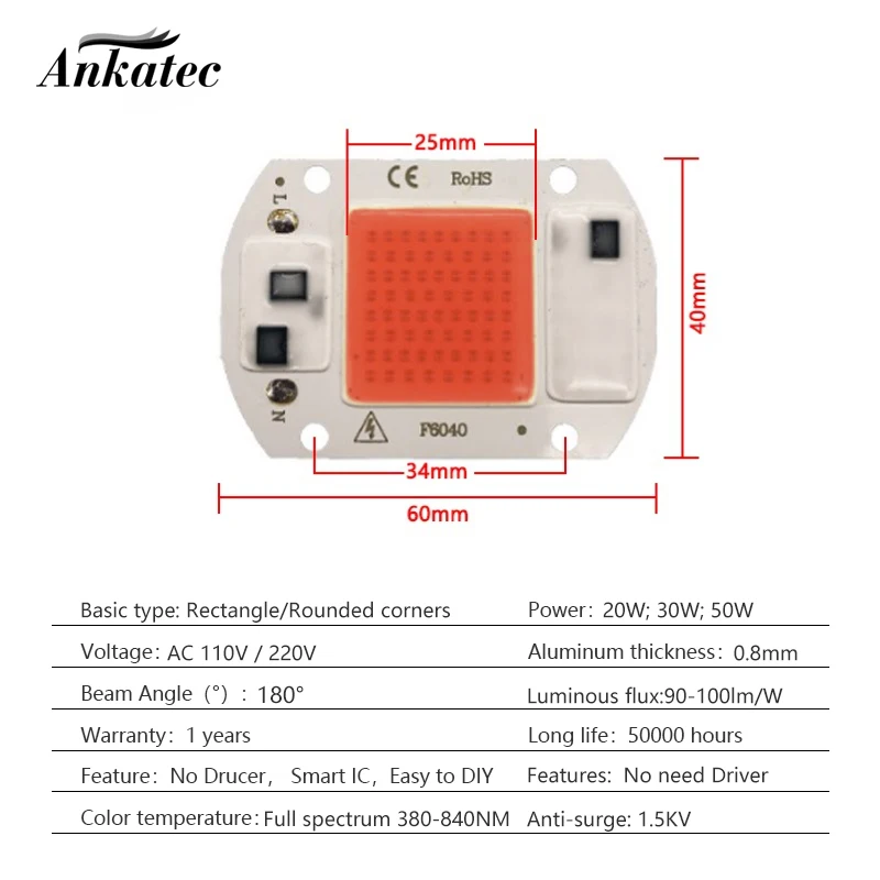 Luz LED COB para invernadero, Chip integrado de alto voltaje CA 110V 220V, espectro completo, cuentas de lámpara rosa, 20W, 30W, 50W
