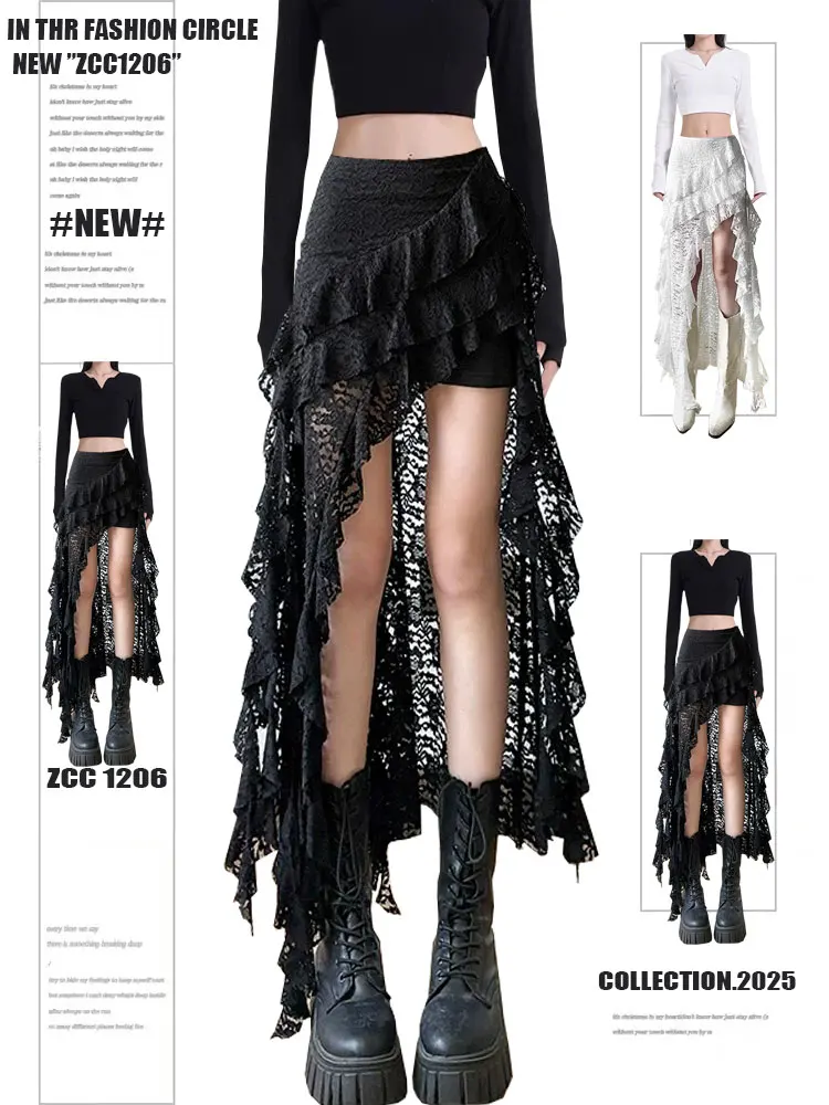 American Retro Lace Sash Asymmetrical Half Skirt Women Summer Pure Desire Spicy Slimming Pleated Short Skirt High Waist Flared