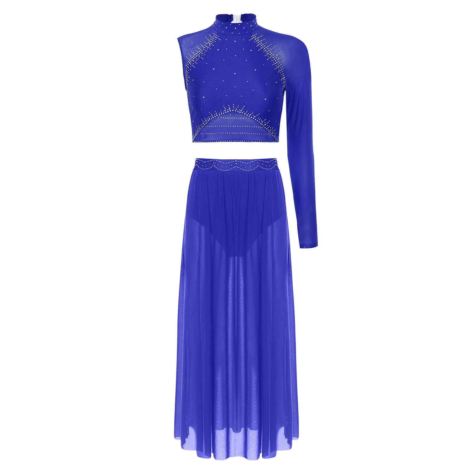 

Women Lyrical Modern Dance Outfit Skating Costume Leotard Dancing Sets Single Long Sleeve Backless Crop Top and Slit Mesh Skirt
