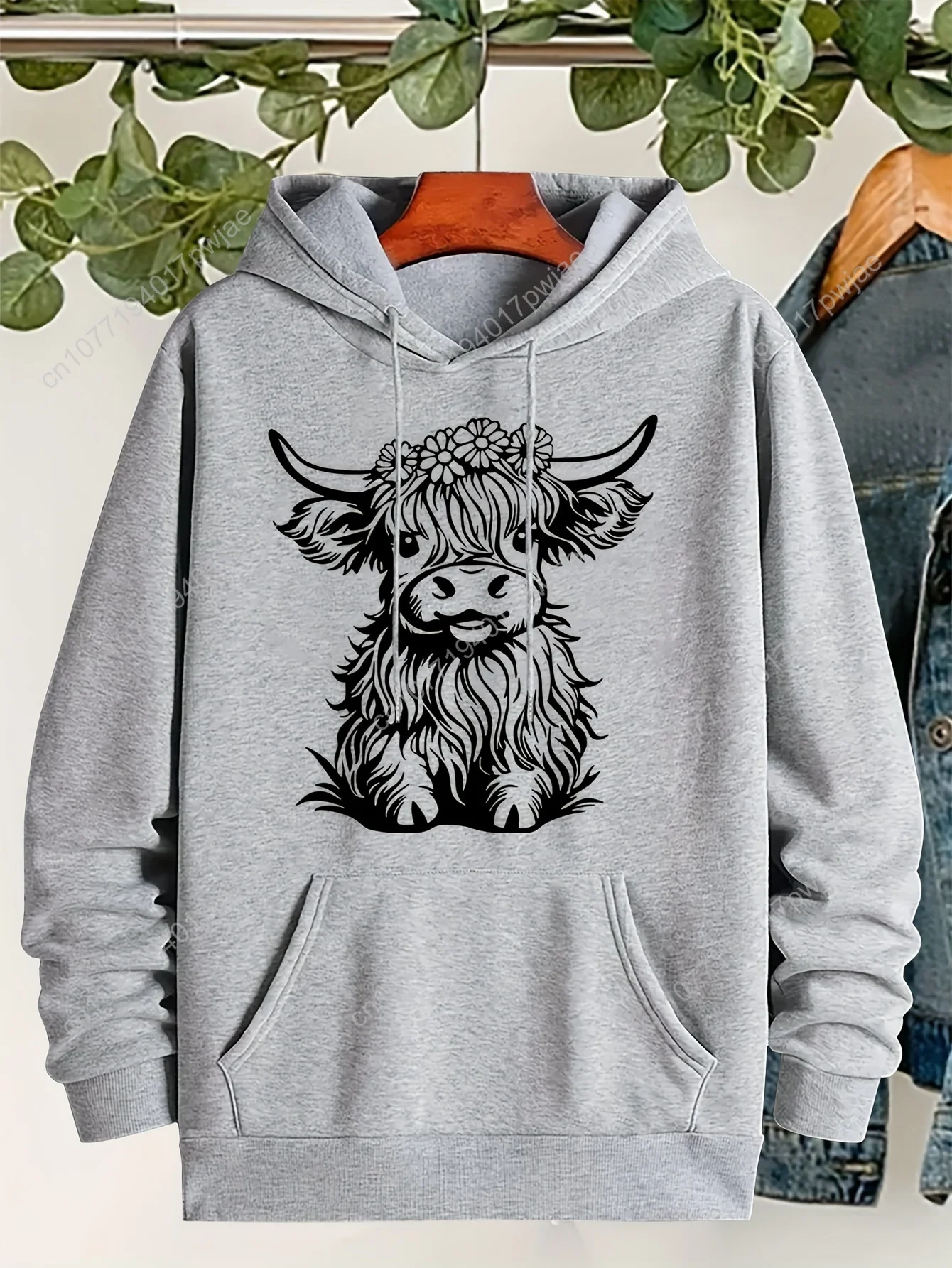 Sweat à capuche confortable grande taille imprimé Yak pour femme – Pull décontracté à manches longues avec poches, polyester extensible doux, parfait pour l'automne