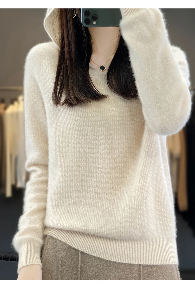 Women's 100% Pure Cashmere Hooded Sweater, Loose Long-Sleeved Sweater, First Line, Ready-to-Wear, Knitted, Autumn, Winter