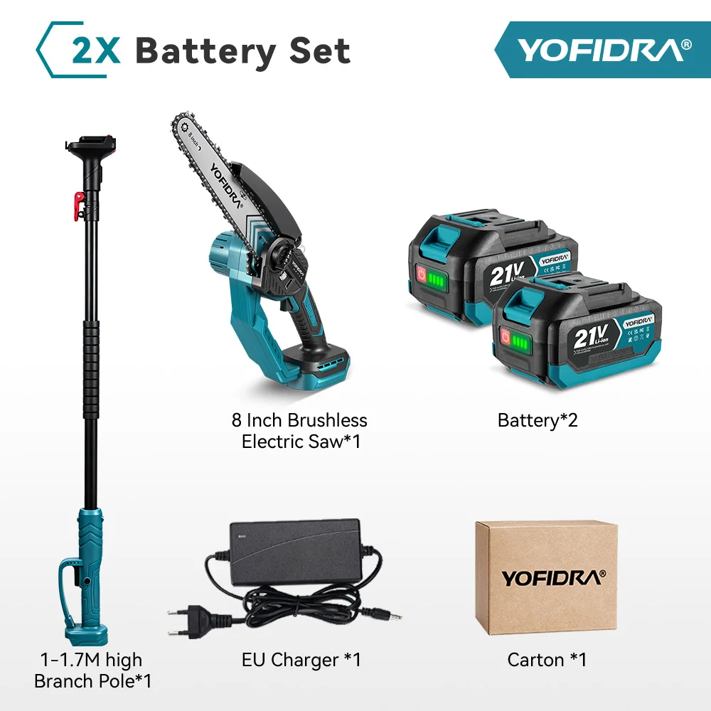 YOFIDRA 8 Inch Borstelloze Elektrische Kettingzaag Telescopische Steel Draadloze Tuin Boom Snoeischaar Snijgereedschap Voor Makita 21V Accu Pin