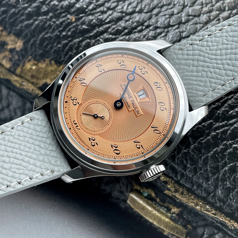 จุดสินค้าใหม่ Pierre Paulin กระโดดชั่วโมงนาฬิกาผู้ชาย Salmon Dial อัตโนมัติ St17 นาฬิกา Vintage วันที่หน้าต่าง 38 มม.
