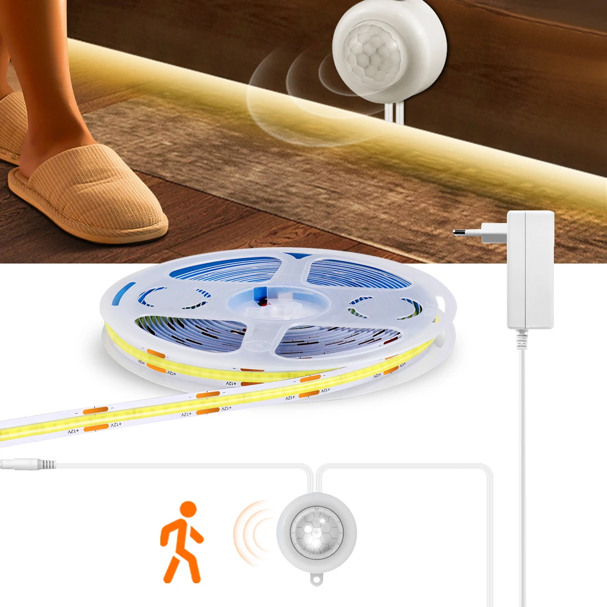 

12V High Bright COB LED Strip Light 320LEDs/M Wireless PIR Motion Sensor Lamp Tape For Bed Room Corridor Night Security Lamp