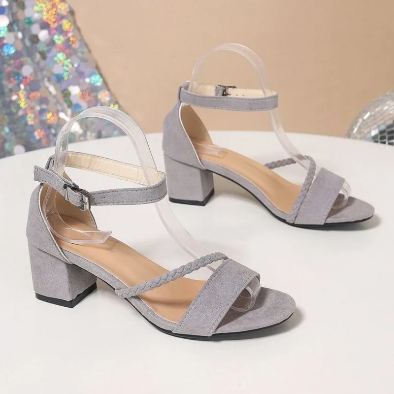 2024 Summer Suede Black Fashion Sandals Simple One Line Buckle with Square Heel Casual Shoes for Women