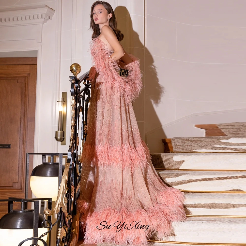 Exquisite Customized Feathers Beading Vestido De Festa Elegant Strapless A-Line Evening Dress Fashion Zipper Back Celebrity Gown image 4