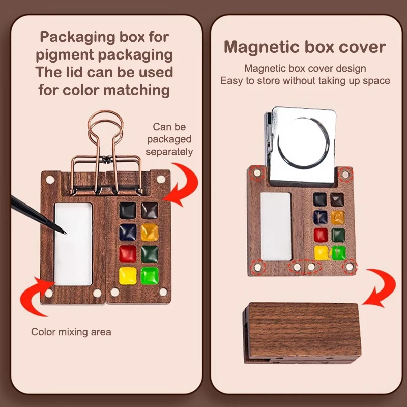 Paleta szkicowników Mini paleta akwareli z drewna orzechowego Przenośne pudełko na farby z klipsem Podróżna taca na farby Materiały artystyczne