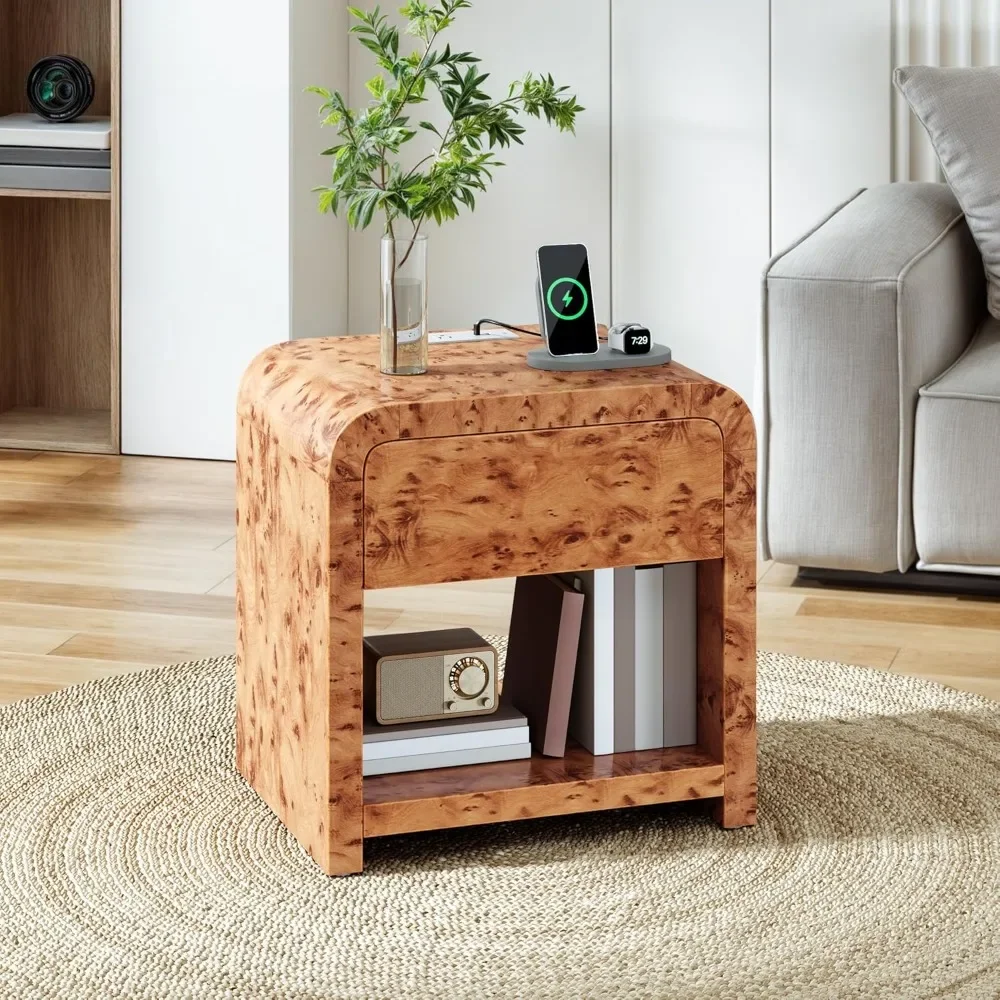 

End Table, Nightstand wirh Drawer Charging Station, Farmhouse Bedside Table Small End Table for Living Room Bedroom