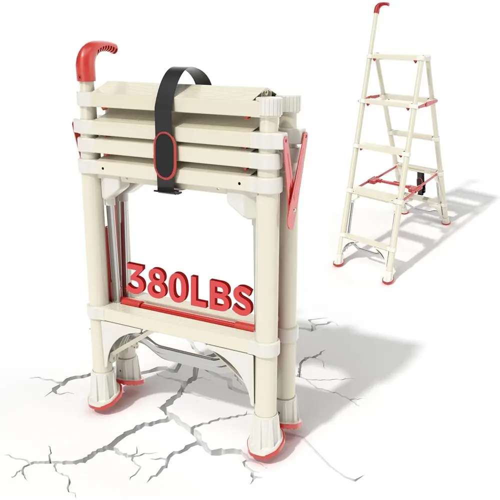 5段はしご、安全ロック付き4.4フィート折りたたみステップスツール、幅広滑り止めペダルと格納式ハンドグリップ、家庭用ヘビーデューティー380ポンド