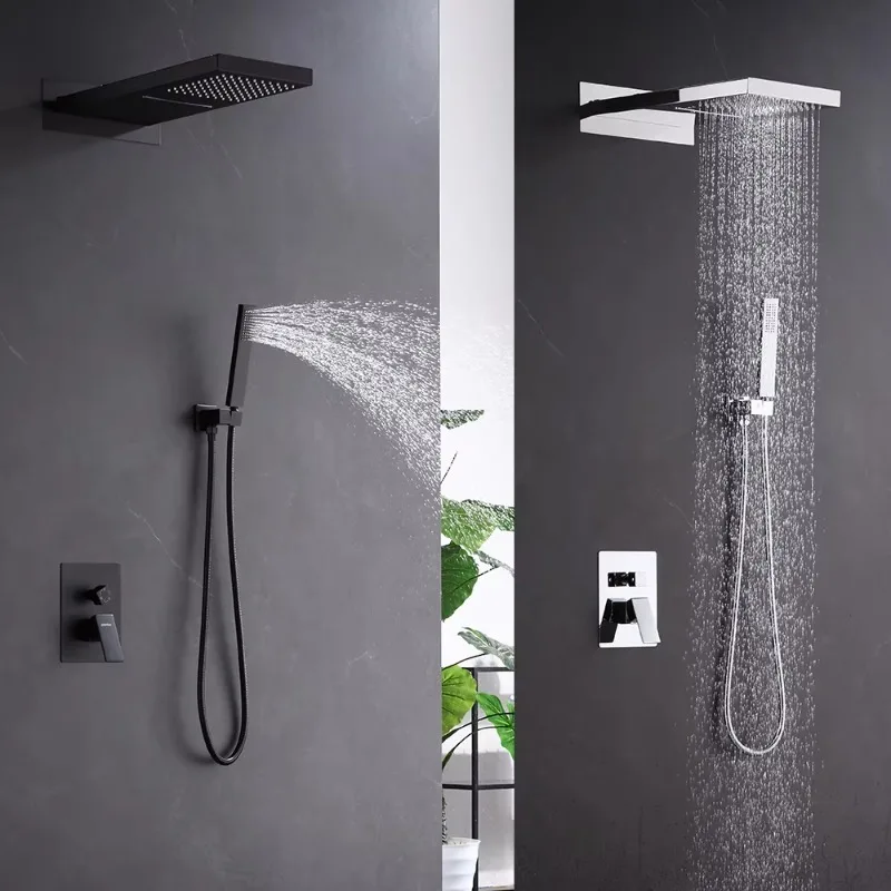 

【Best-selling】High-End Matte Black Shower Bathroom Faucets Set Waterfall Rainfall Mixer System Concealed Brass Sanitary For Vill