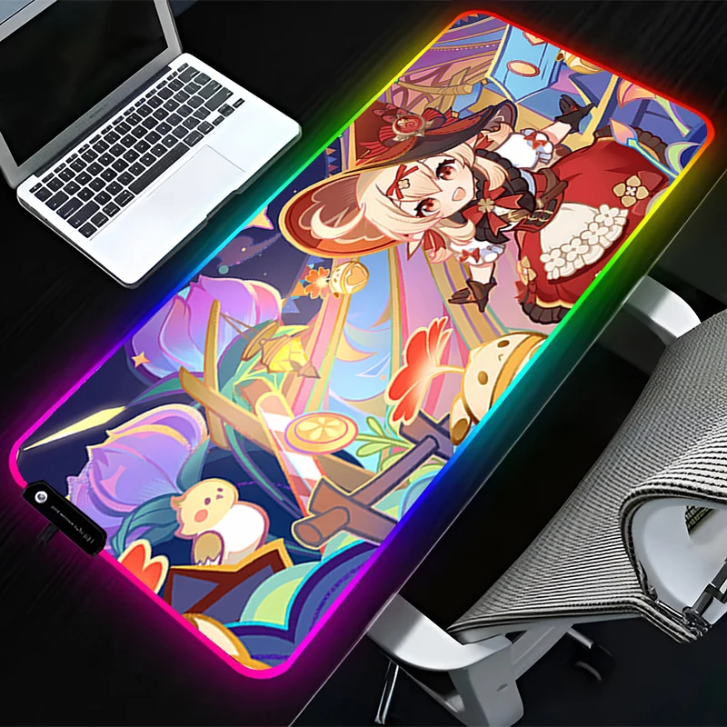 

RGB светодиодный коврик для мыши, резиновый коврик для мыши с рисунком, игровые коврики, аксессуары для ПК, удлиненный коврик для офиса G-genshin Impact Klee, нескользящий настольный коврик