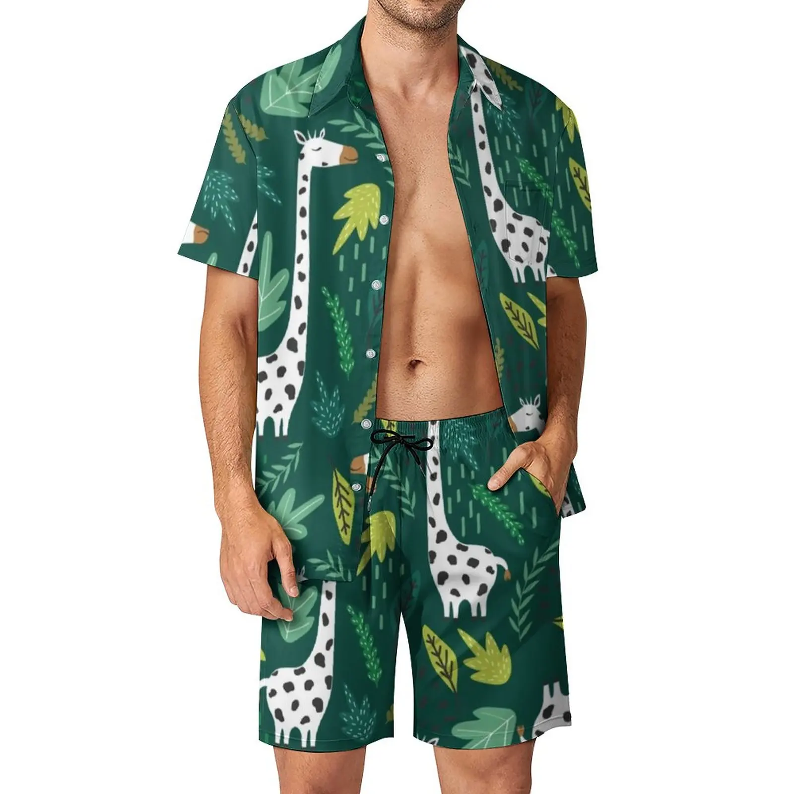 White Giraffe Vacation Men Sets Green Leaves Print Casual Shirt Set Summer Design Shorts Two-piece Trendy Suit Plus Size