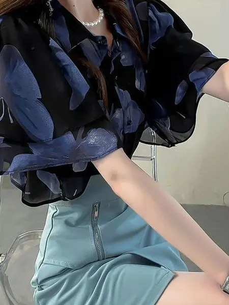 

Новая летняя блузка с принтом в китайском национальном стиле, с отложным воротником, коротким рукавом, синяя, женская, с кружевной отделкой, из шифона.