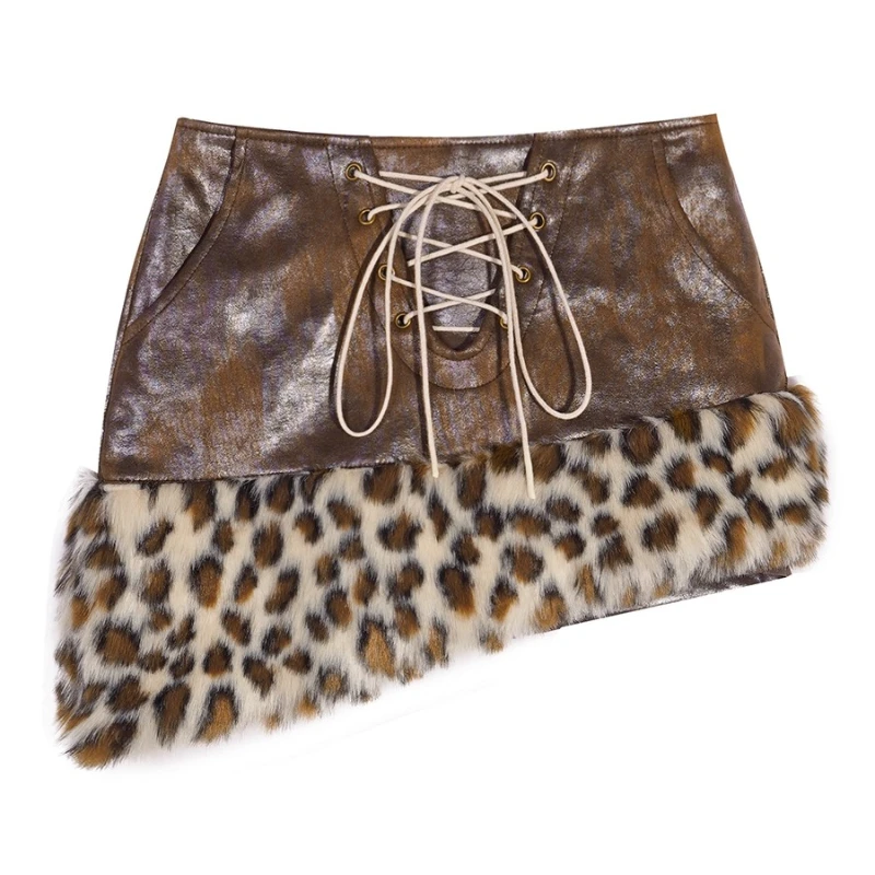 Origineel retro ontwerp luipaardprint PU-leer damesrok herfst winter zoet cool sexy hot girl bodycon harige rokken dames