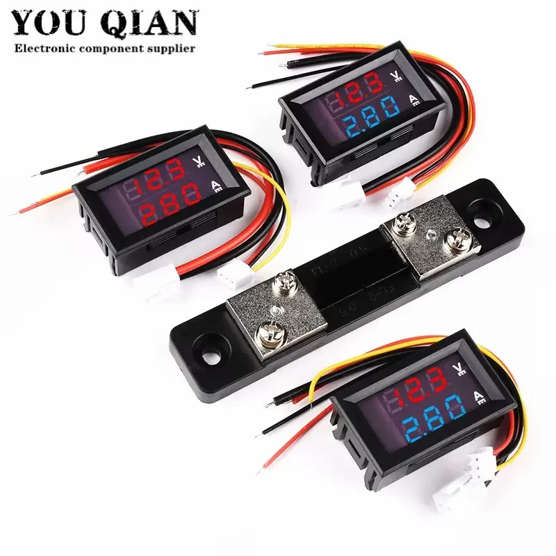 1set DC0-100V 50A LED Ammeter Voltmeter DC Dual Display A.V Digital Current Voltage Meter Red Blue+Current Diverter Kits