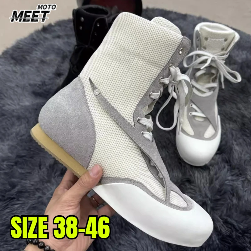 Casual High-Top Lace-Up botas moto Men's Canvas Shoes Racing Net Upper Leather Low-Top Workwear Breathable Sports Sneakers