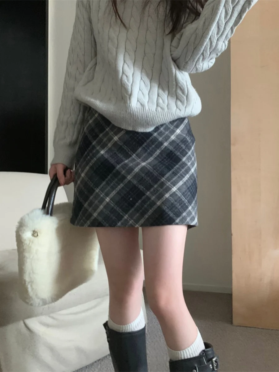 

High Waist Plaid Woolen Skirt Women's Autumn Winter Vintage Cheered Skirt A-Line ort Skirt for plus Size
