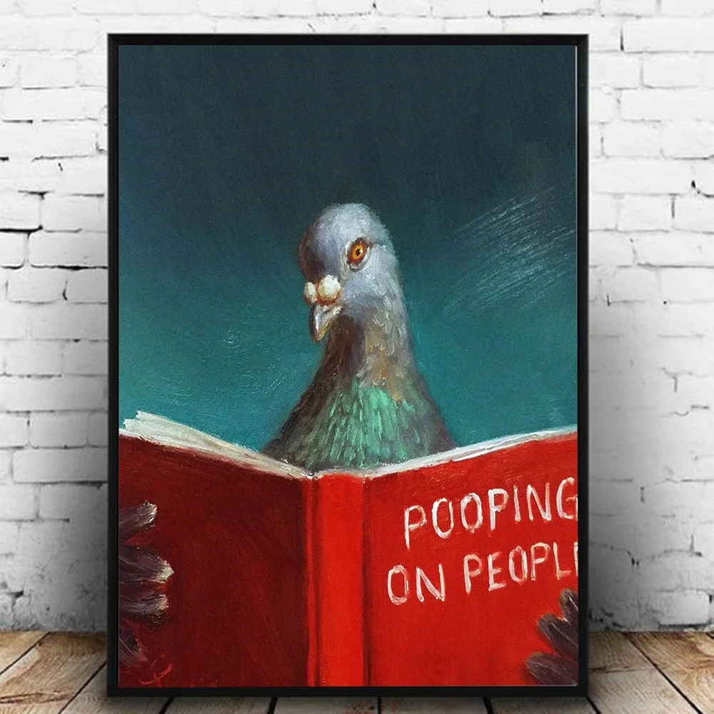 Pigeon Bird Reading Book Bathroom Funny Humorous Pet Canvas Painting Pooping On People Poster Wall Art Picture Toilet Decor