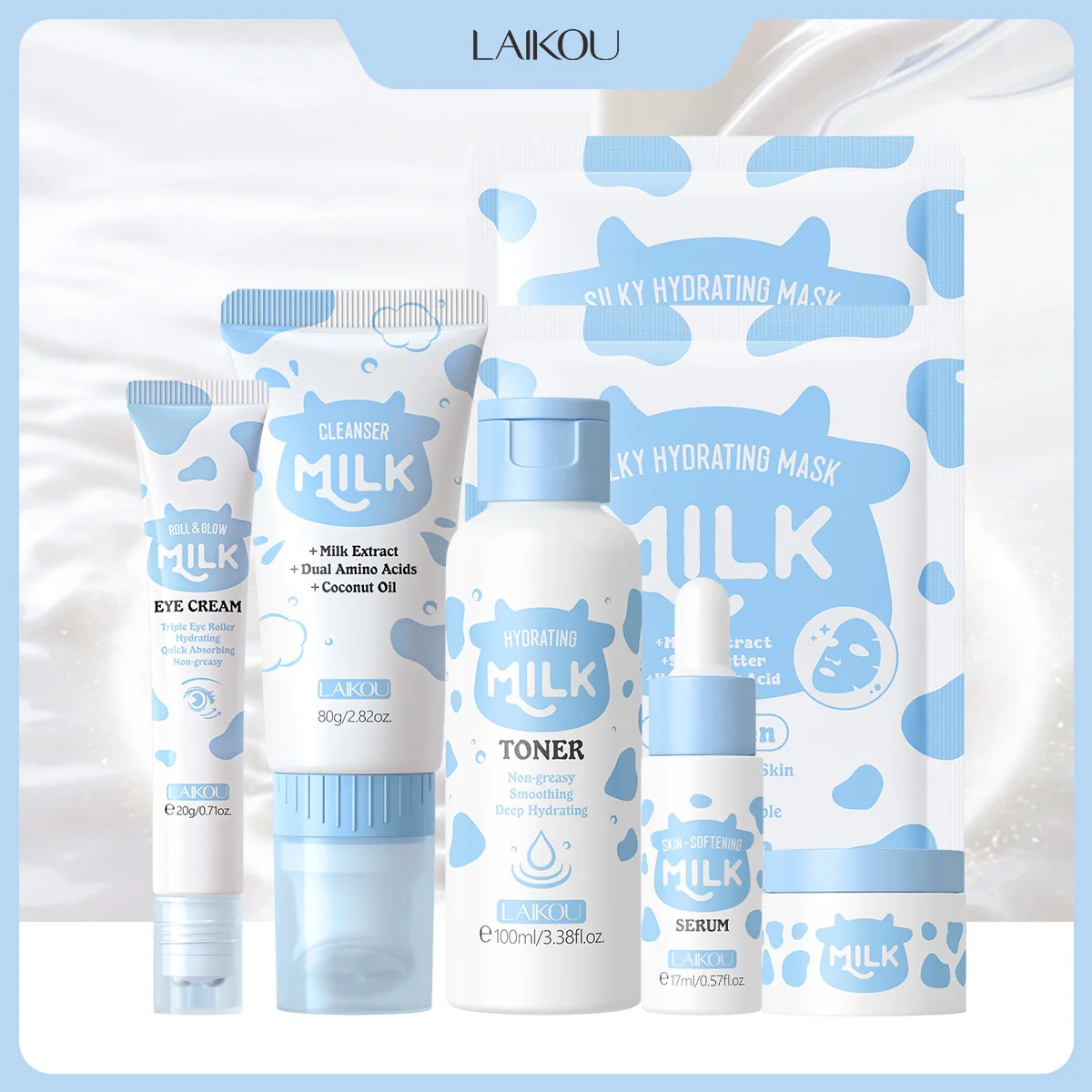 LAIKOU 6Pcs Milk Hydrating Skin Care Set Cleanser Toner Skin Softening Serum Roll & Glow Eye Cream Silky Hydrating Mask Facial K