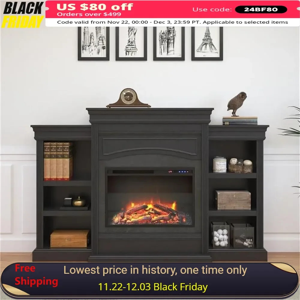 69 Inch Electric Fireplace with Mantel, Shelves, Replaceable Fireplace Insert Heater,Timer,Realistic Log and Flame Effect, Black