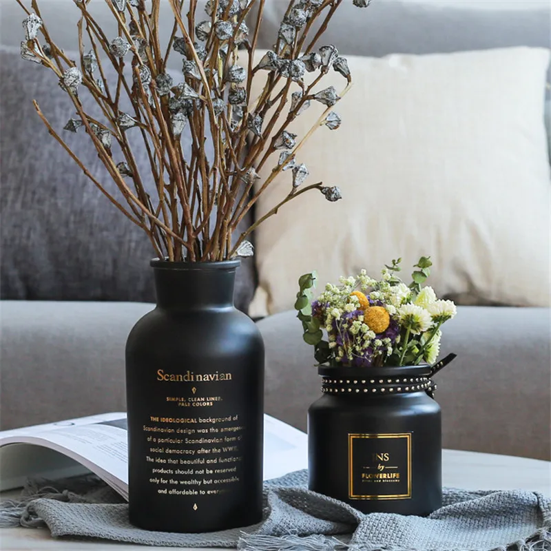 Jarrones de cristal negros nórdicos, planta hidropónica, decoración del hogar para ramo de flores artificiales con florero, decoración de mesa de boda