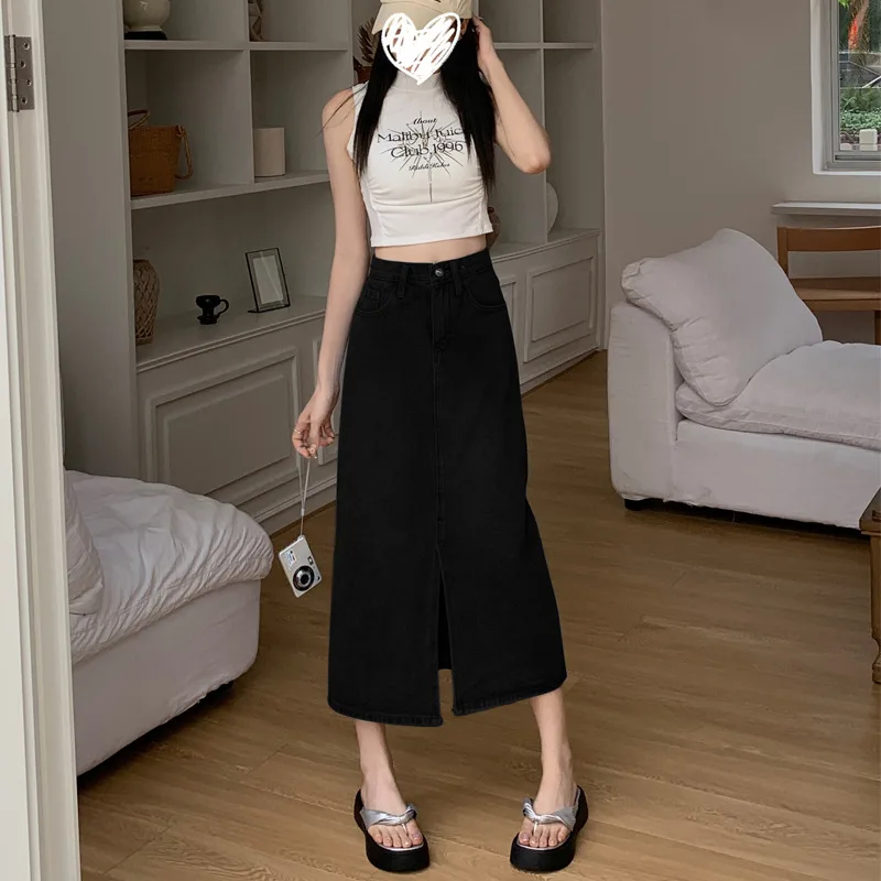 Summer Denim Skirt Women Japanese and Korean Fashion Casual Simplicity Large Size Long Section High Waist Split Skirt Long Skirt