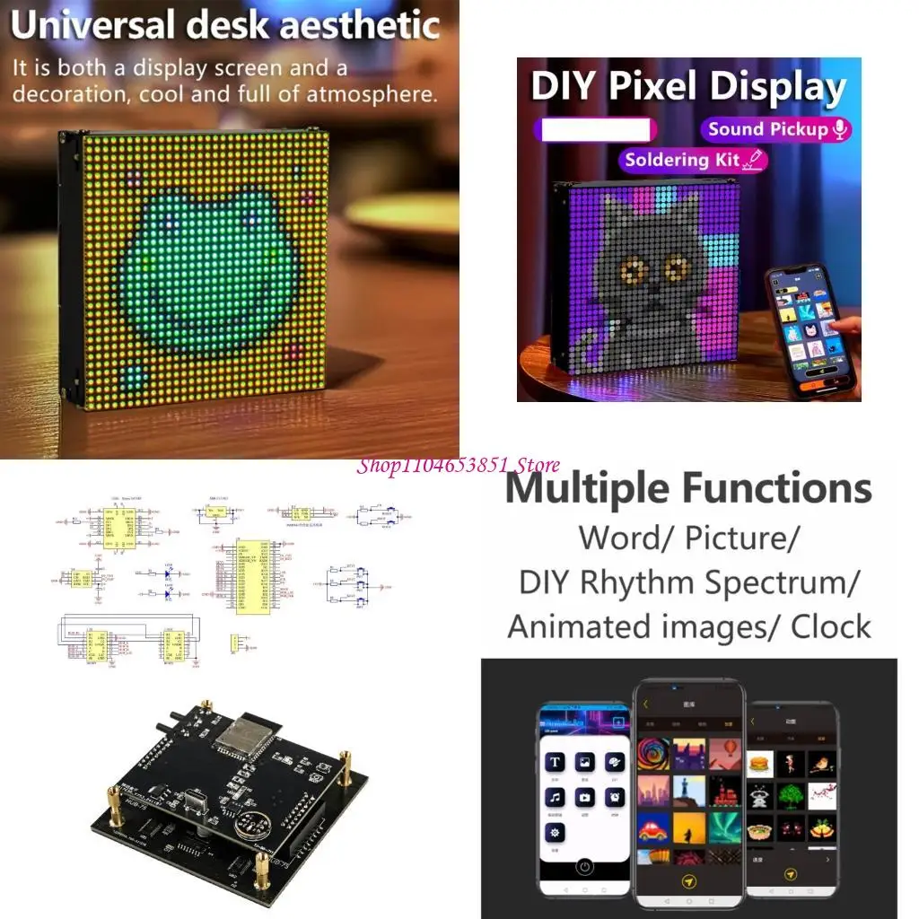 DIY LED Display Kit with Separate Electronic and Enclosure Components, a 32 x 32 Panel, and Sound-Responsive Animated Lighting