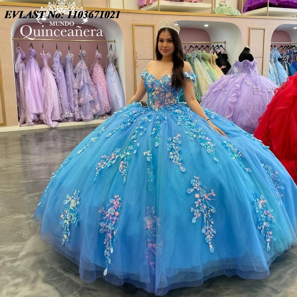 EVLAST Maßgeschneidertes blaues Quinceanera-Kleid, Ballkleid, glänzende Spitze, Perlenstickerei, Kristallkorsett, Sweet 16, Vestidos de 15 Anos SQ657