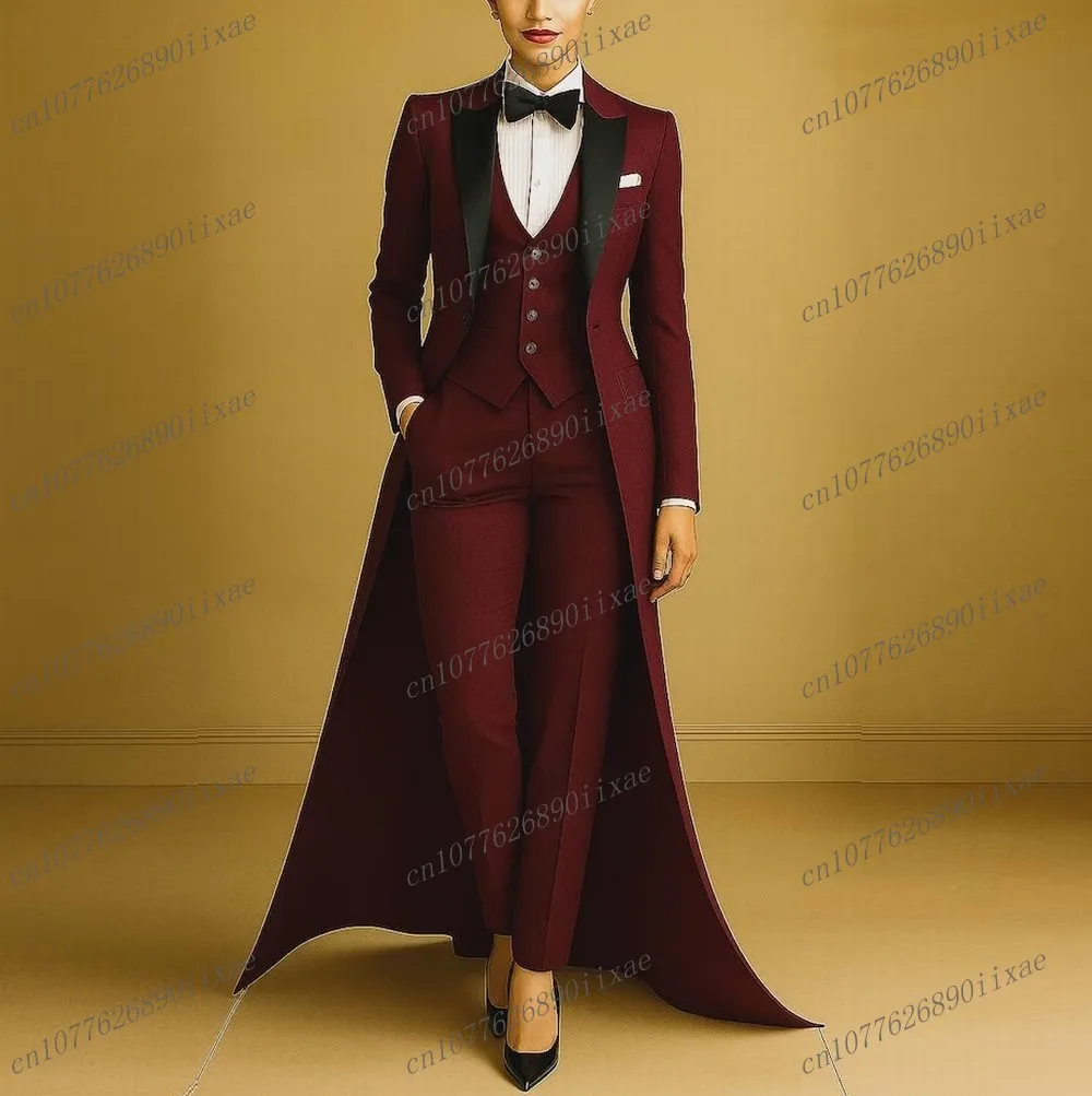 

Бордовый длинный пиджак, женские костюмы, женские деловые офисные смокинги для мамы, свадьбы, вечеринки, формальный женский комплект из 3 предметов, куртка, жилет, брюки