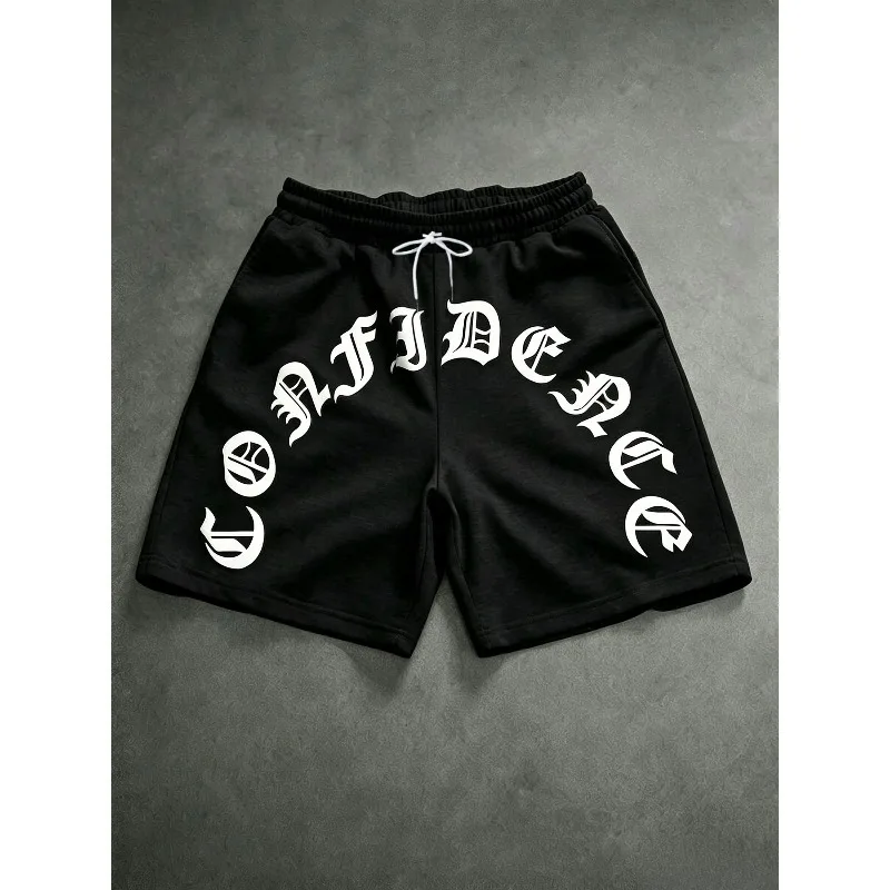 High Street Curved Letter CONFIDENCE Printed Shorts with Drawstring Loose Five Quarter Street Sports Shorts